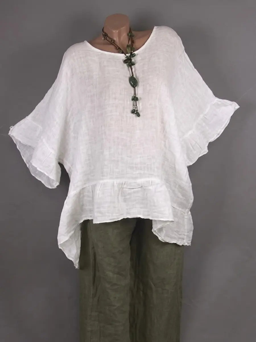 Women's Loose Casual Cotton And Linen Top With Ruffle Decoration