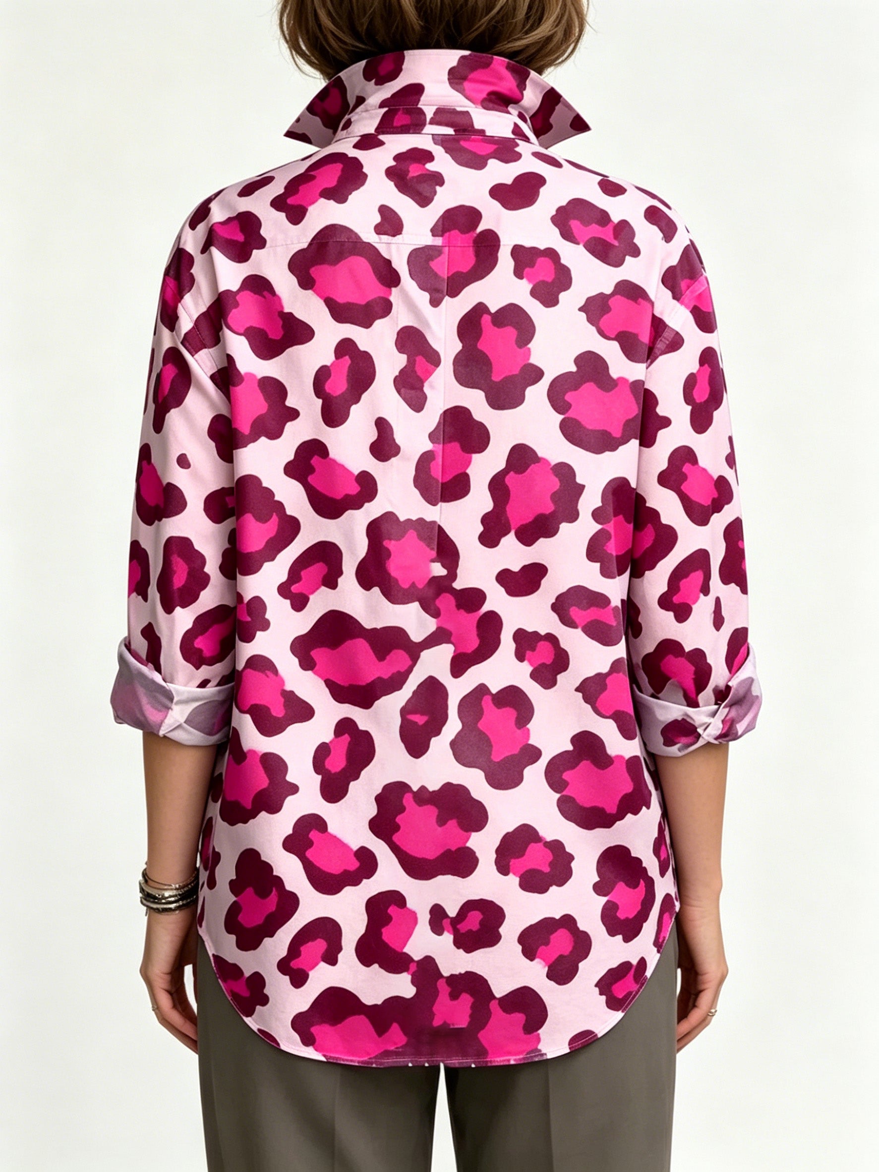 Artistic Color-block Leopard Print Shirt With Metal Buttons