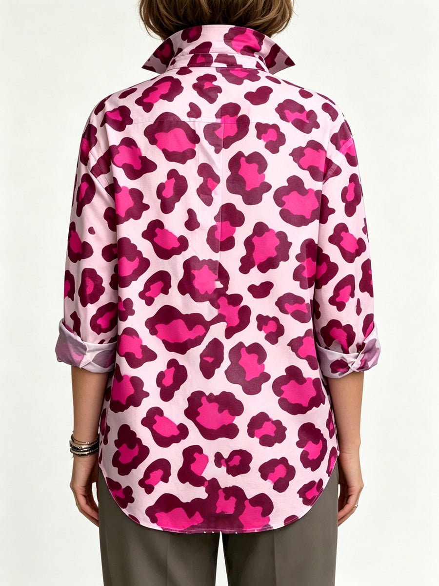 Artistic Color-block Leopard Print Shirt With Metal Buttons