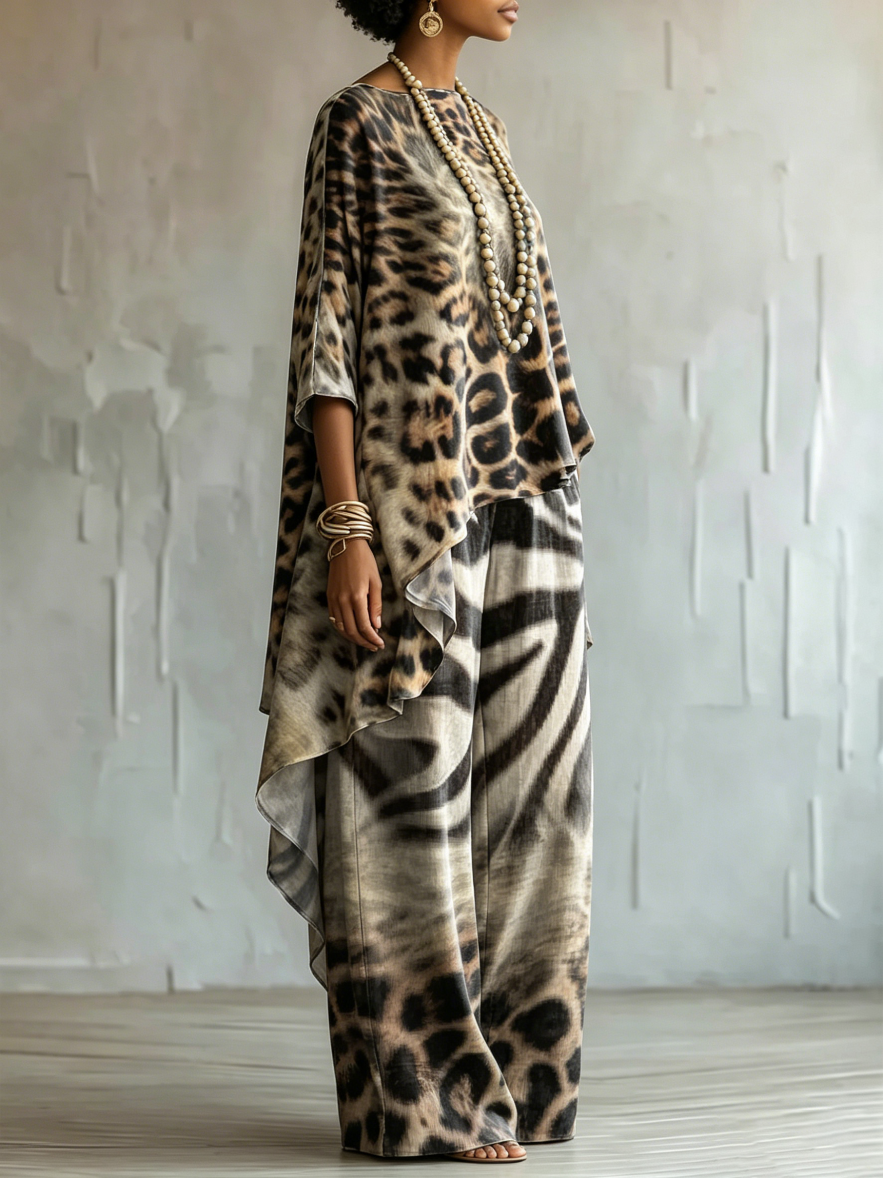 Loose-fit Leopard Print Cotton-linen Top + Wide-leg Pants Set