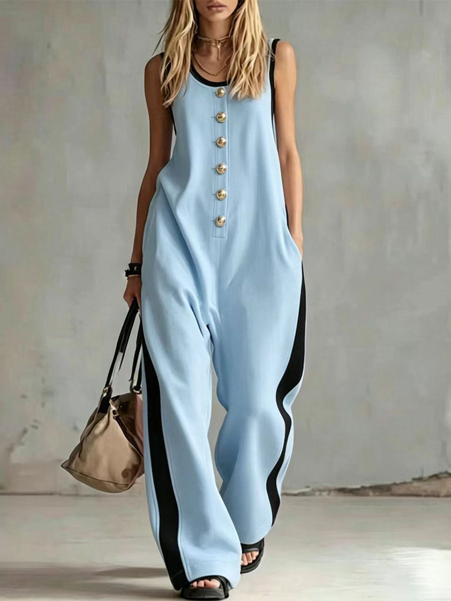 Women's Color-block Buttoned Round Neck Sleeveless Casual Jumpsuit