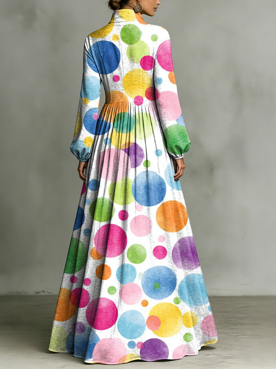Elegant Colorful Polka Dot Decorative Pattern Women's Long Sleeve Shirt Collar Dress