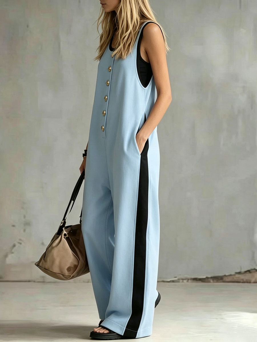 Women's Color-block Buttoned Round Neck Sleeveless Casual Jumpsuit