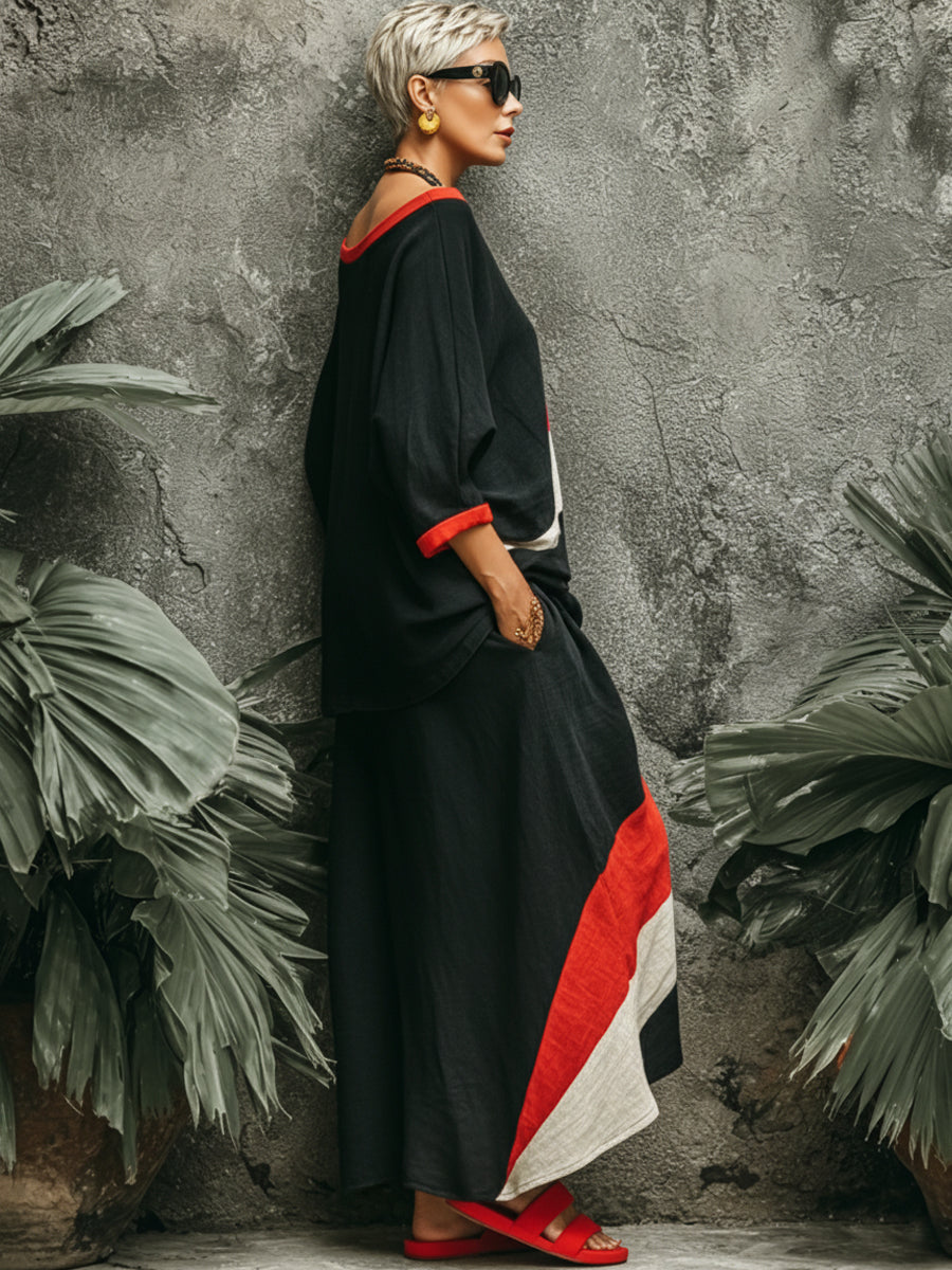 Women's Vintage Color-block Pattern Top And Skirt Set