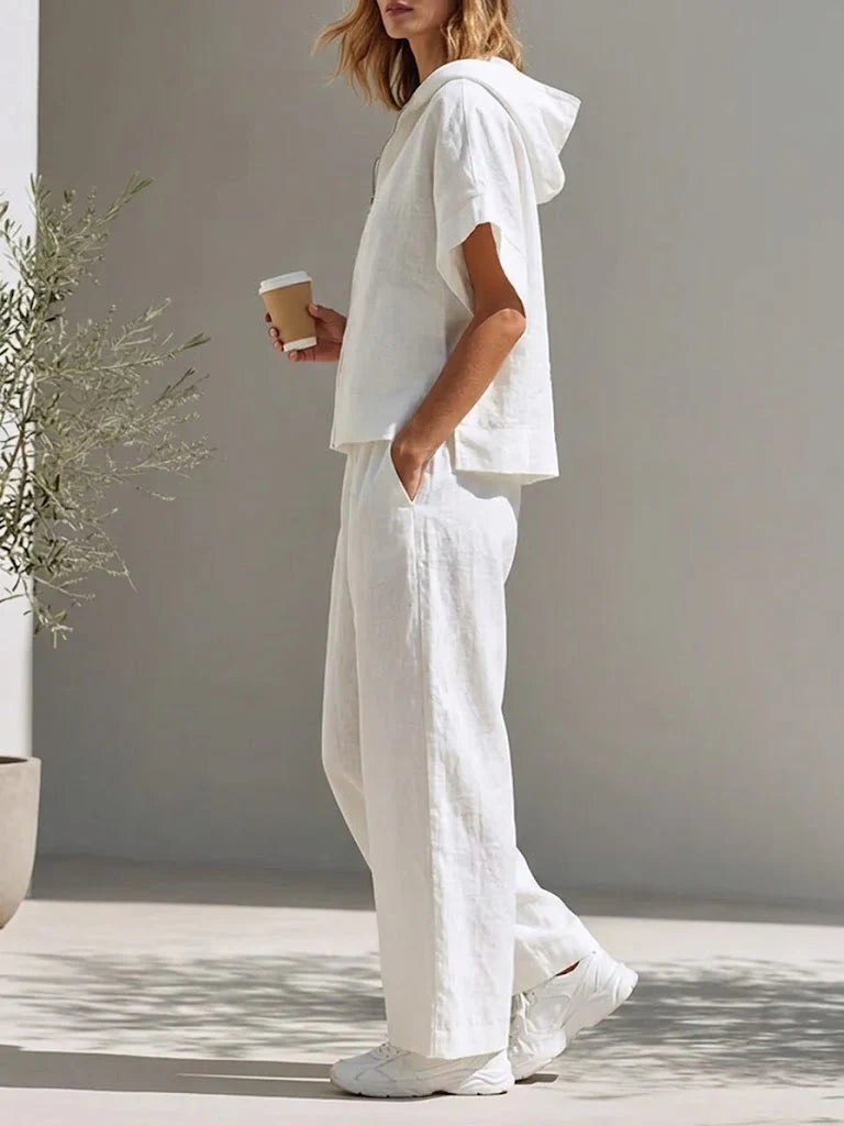 Women's Casual Simple Style Hoodie And Wide-leg Pants Cotton-linen Set