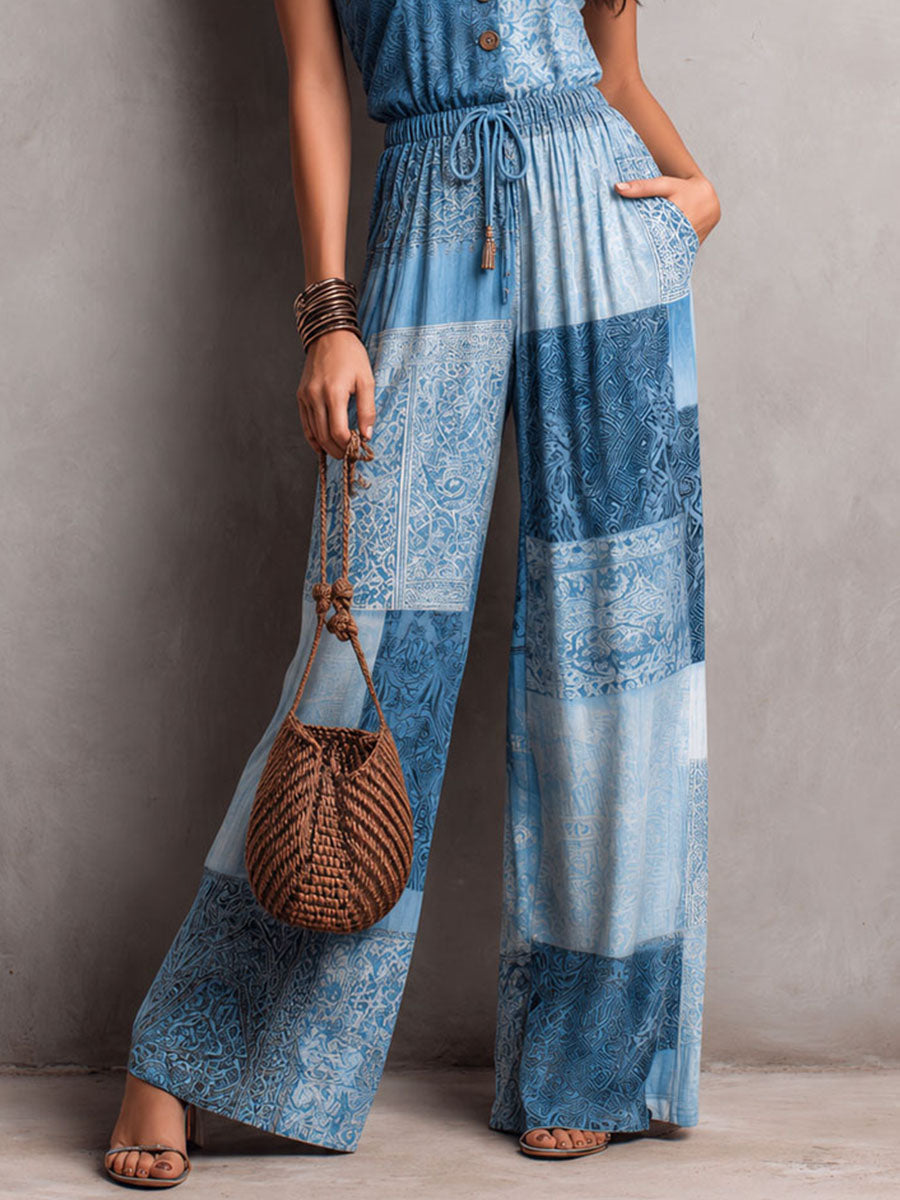 Patchwork Print Spaghetti Strap Drawstring Waist Wide Leg Jumpsuit