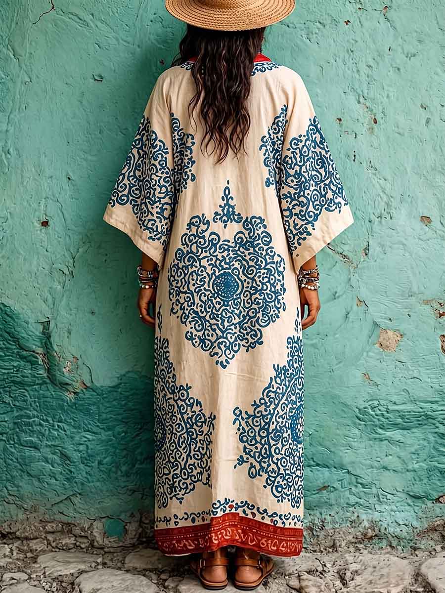 Women's Vintage-print V-neck 3/4-sleeve Casual Loose Cotton-linen Dress