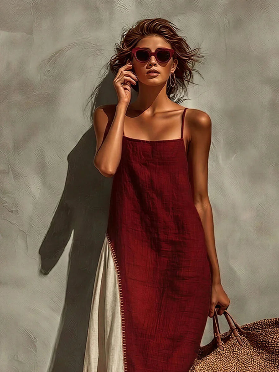 Burgundy & Beige Patchwork Linen-cotton Slip Maxi Dress