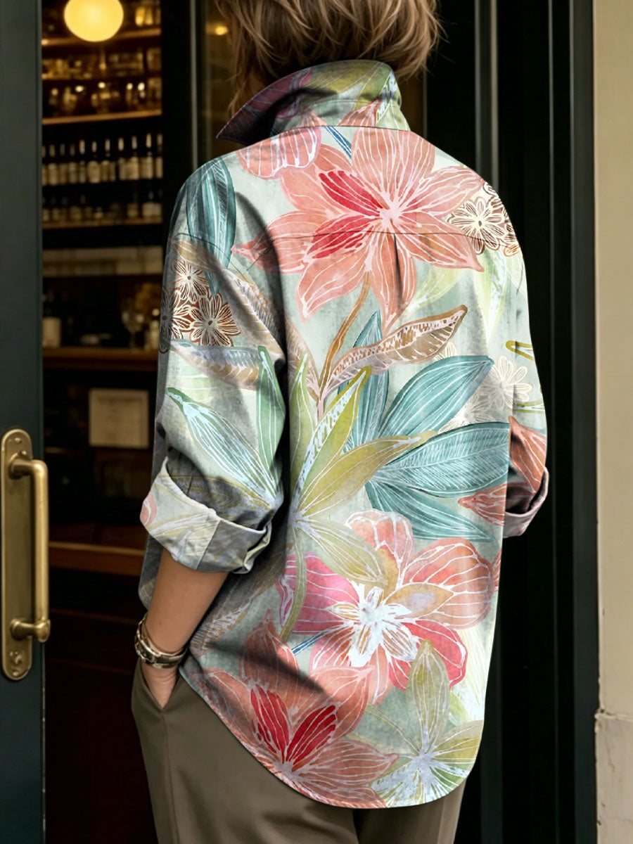 Women's Artistic Floral Print Metal-button Shirt