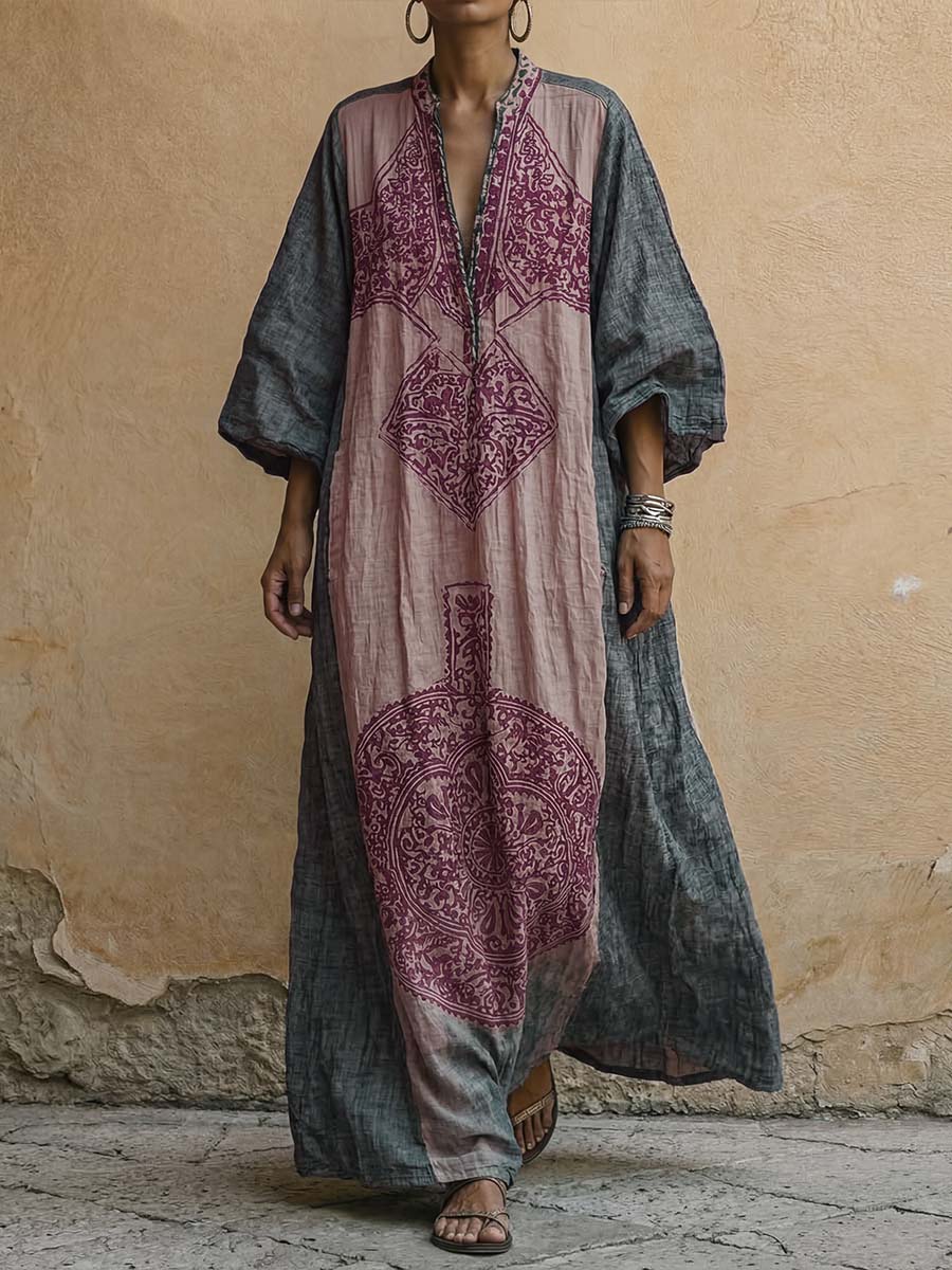 Women's Vintage-print V-neck 3/4-sleeve Casual Loose Cotton-linen Dress