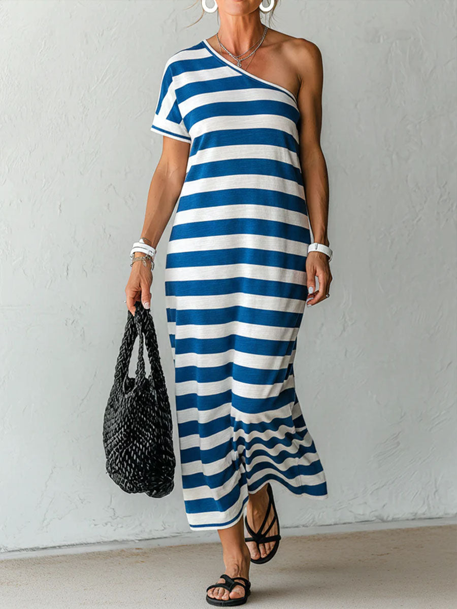 Women's Off-shoulder Short-sleeve Casual Loose Cotton-linen Dress