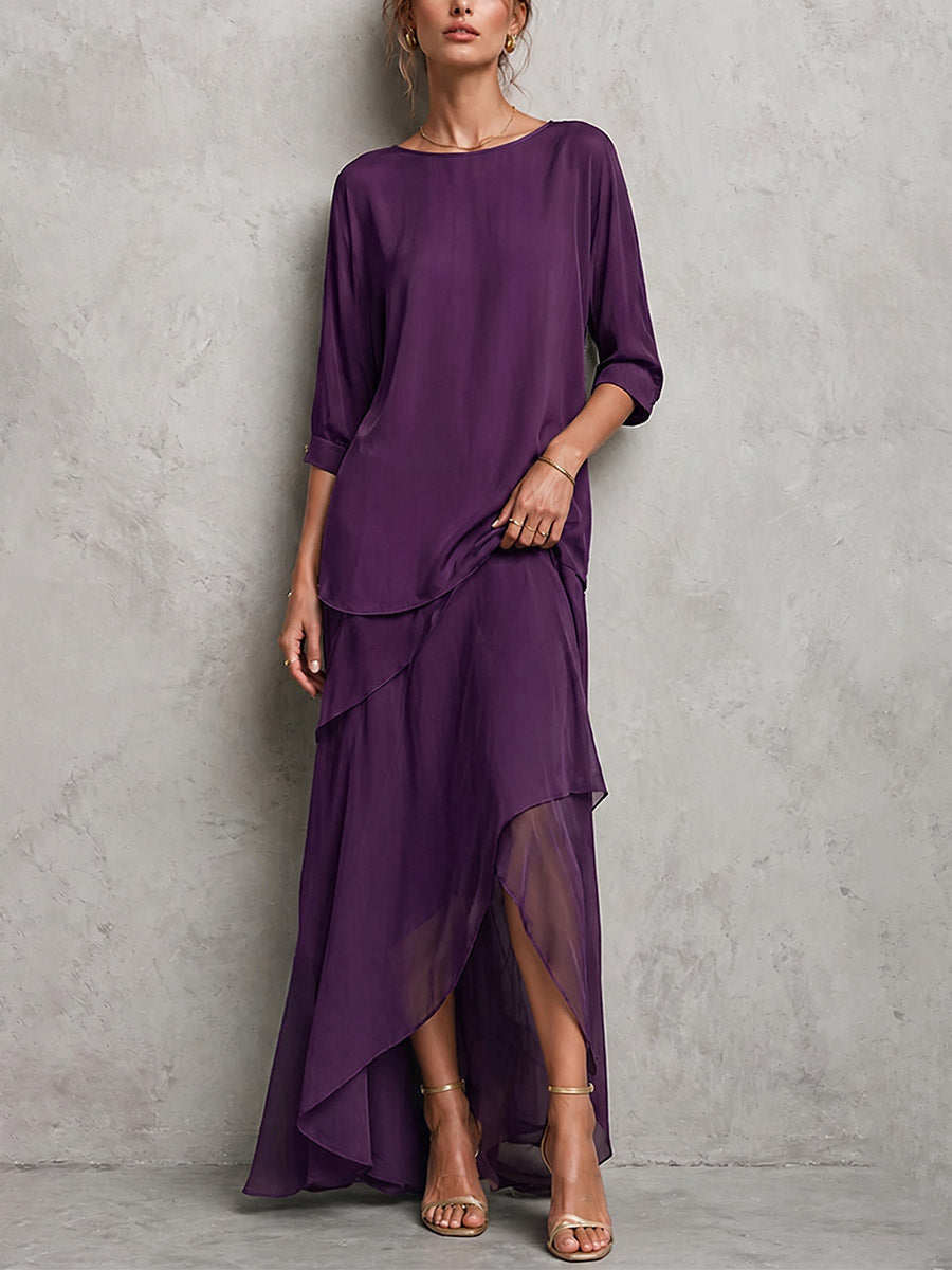 Women's Solid-color Round-neck 3/4-sleeve Loose Casual Top & High-waisted A-line Skirt Set