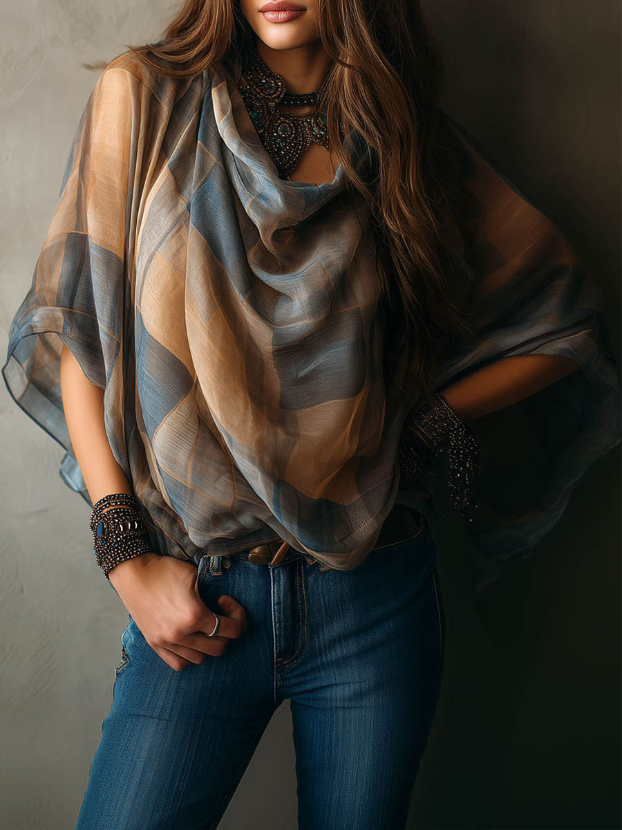 Women's Plaid Print Cowl Neck 3/4-sleeve Casual Loose Top