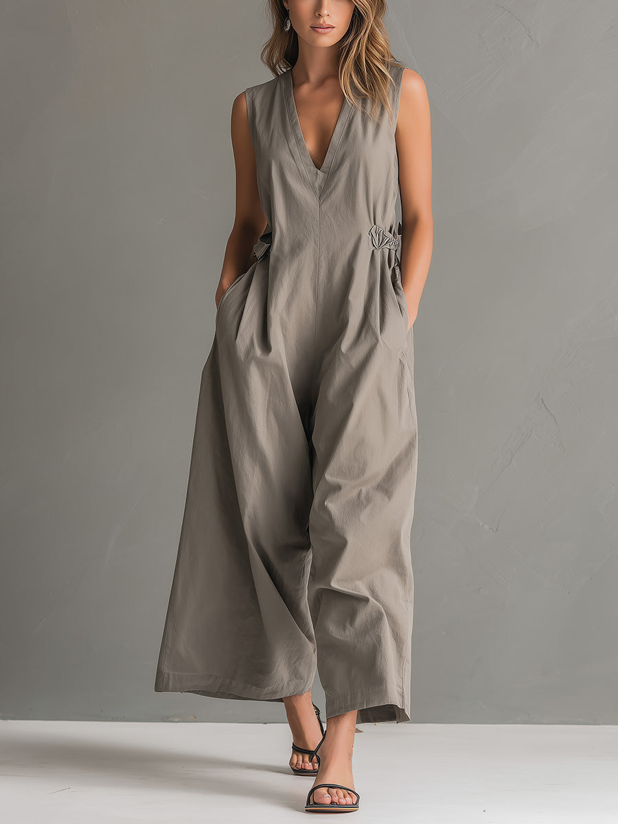 Women's Solid-color V-neck Sleeveless Casual Loose Cotton-linen Wide-leg Jumpsuit