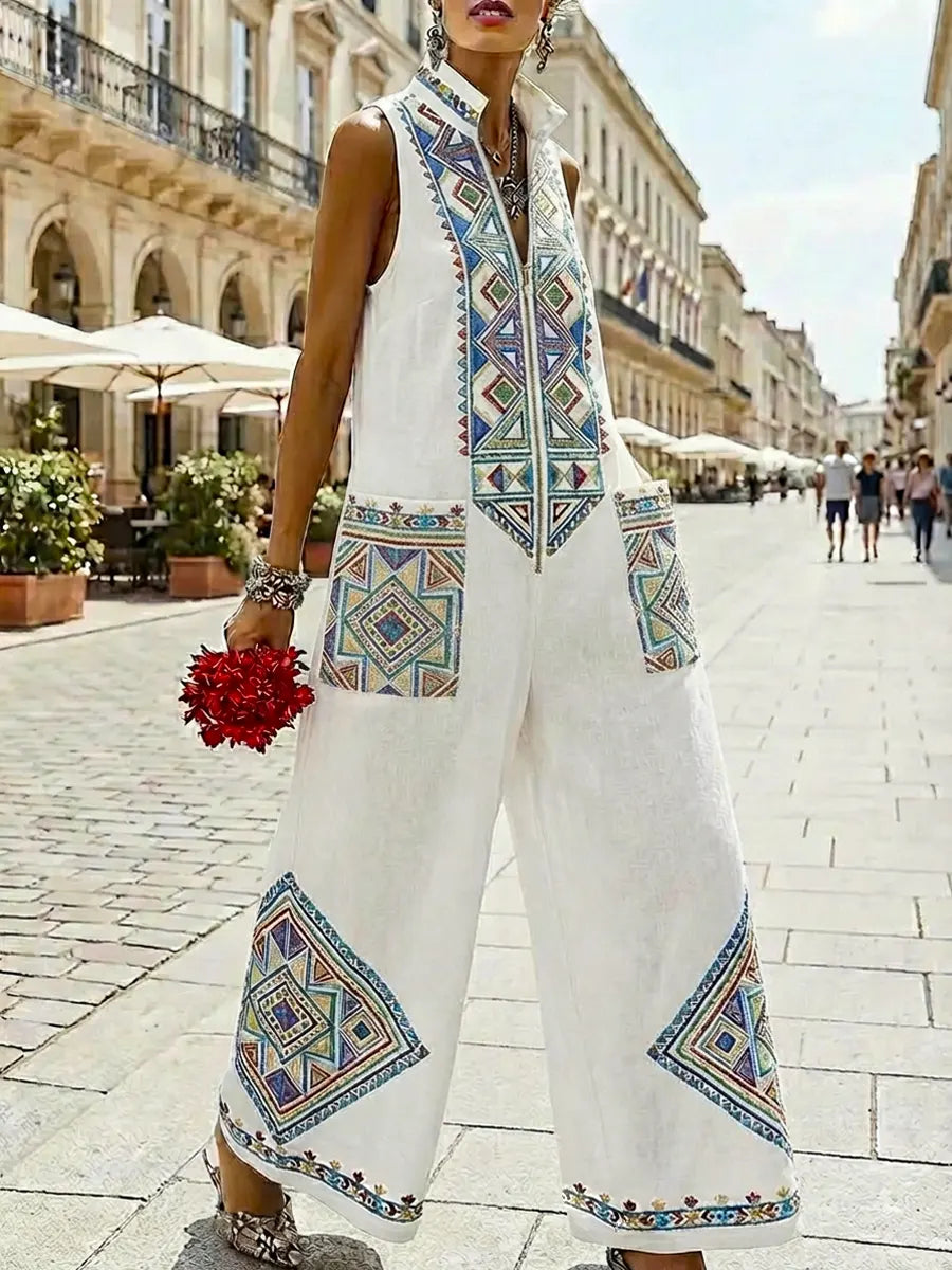 Women's Retro Ethnic Art Casual Zip Cotton Linen Jumpsuit