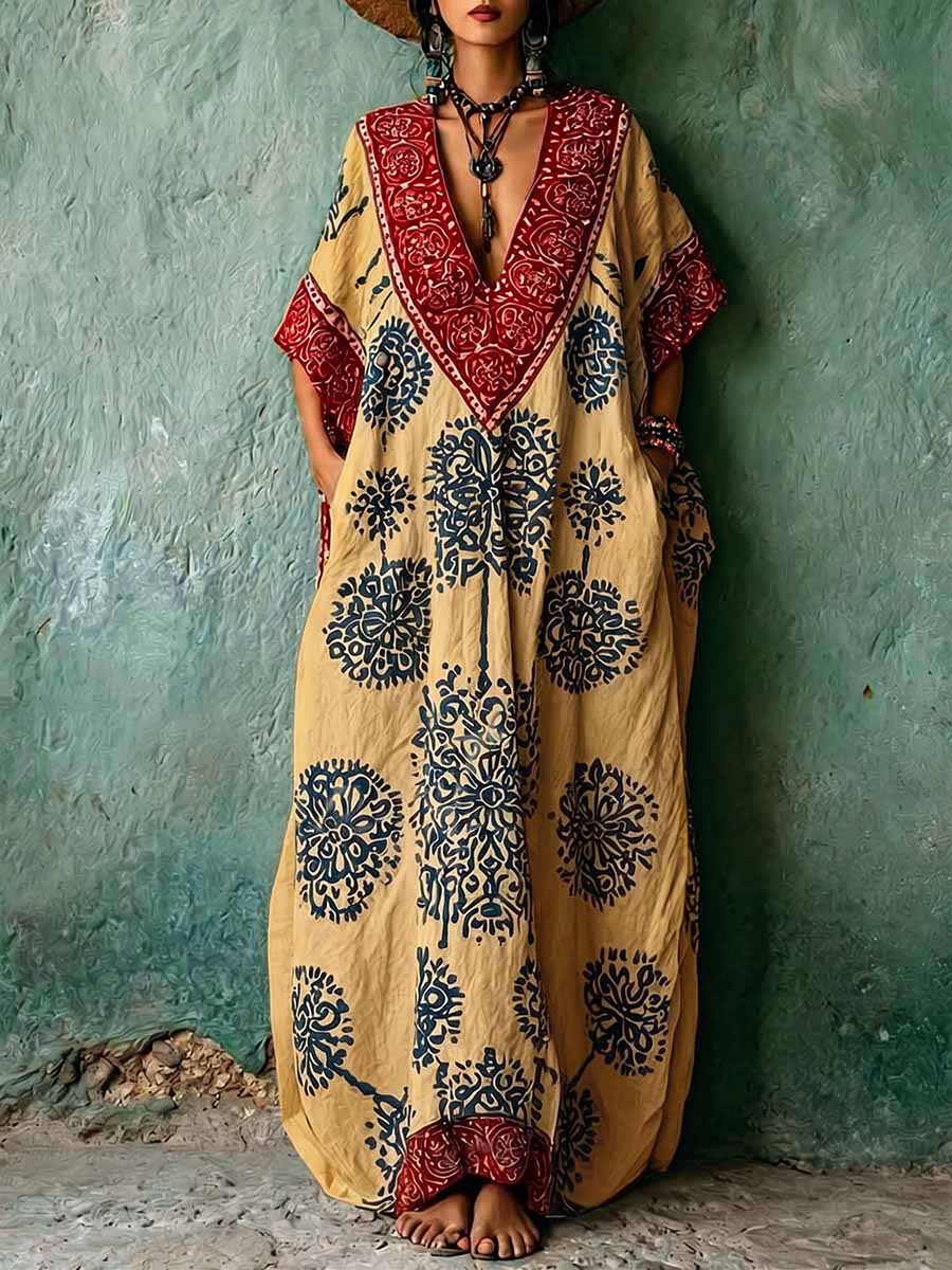Women's Vintage-print V-neck 3/4-sleeve Casual Loose Cotton-linen Dress