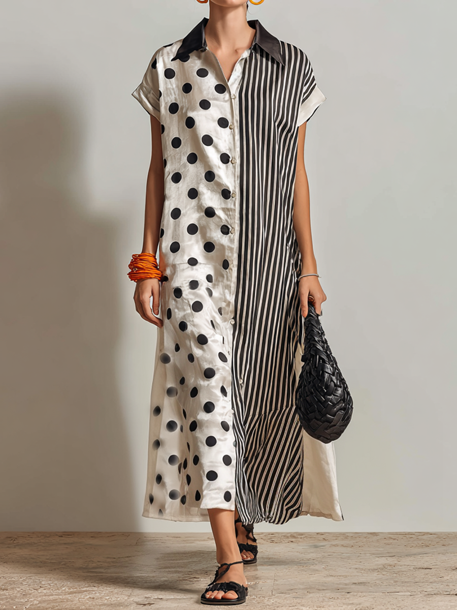 Polka Dot & Striped Patchwork Shirt Maxi Dress