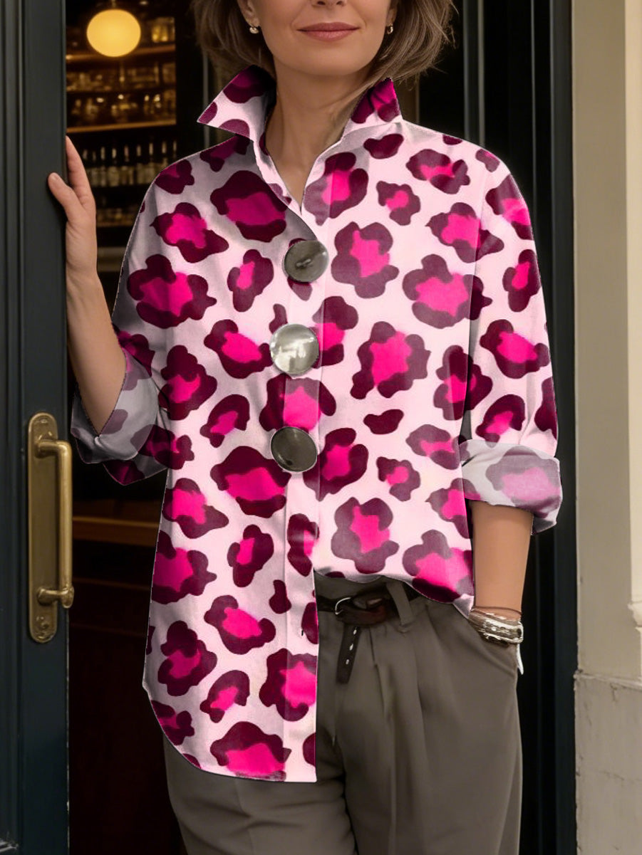 Artistic Color-block Leopard Print Shirt With Metal Buttons
