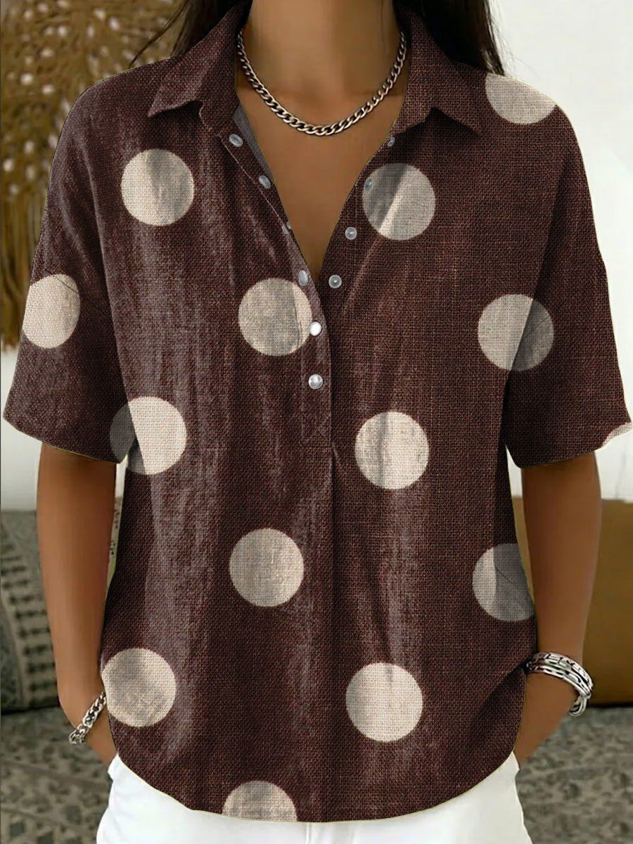 Artistic Polka-dot Print Short-sleeve Collared Shirt With Half-button Placket