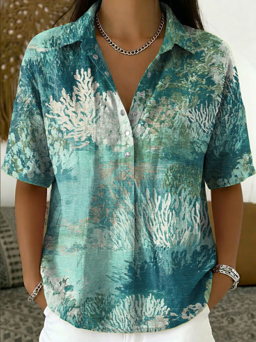 Women's Vintage Botanical Floral Casual Polo Collar Short-sleeved Linen And Cotton Shirt