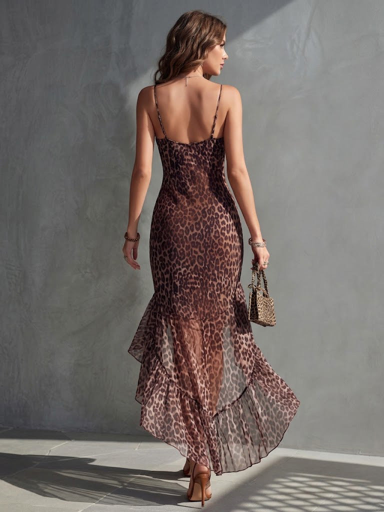 Leopard Print Mesh Cami Midi Dress With Asymmetric Ruffle Hem