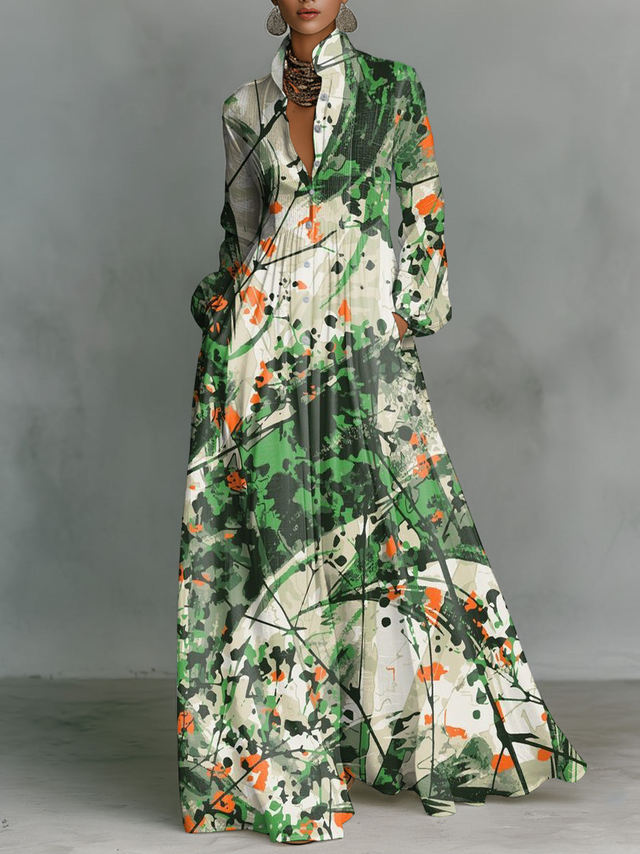 Classic Ink-splatter Color-block Dress — Featuring A Turn-down Collar, Cinched Waist, And Flared Skirt