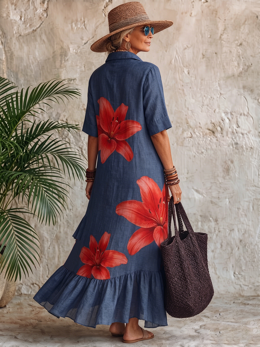 Artistic Lily Print Vacation Cotton Dress With Polo Collar