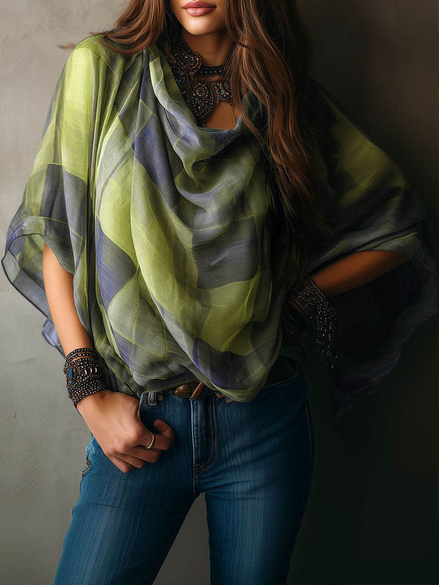 Women's Plaid Print Cowl Neck 3/4-sleeve Casual Loose Top