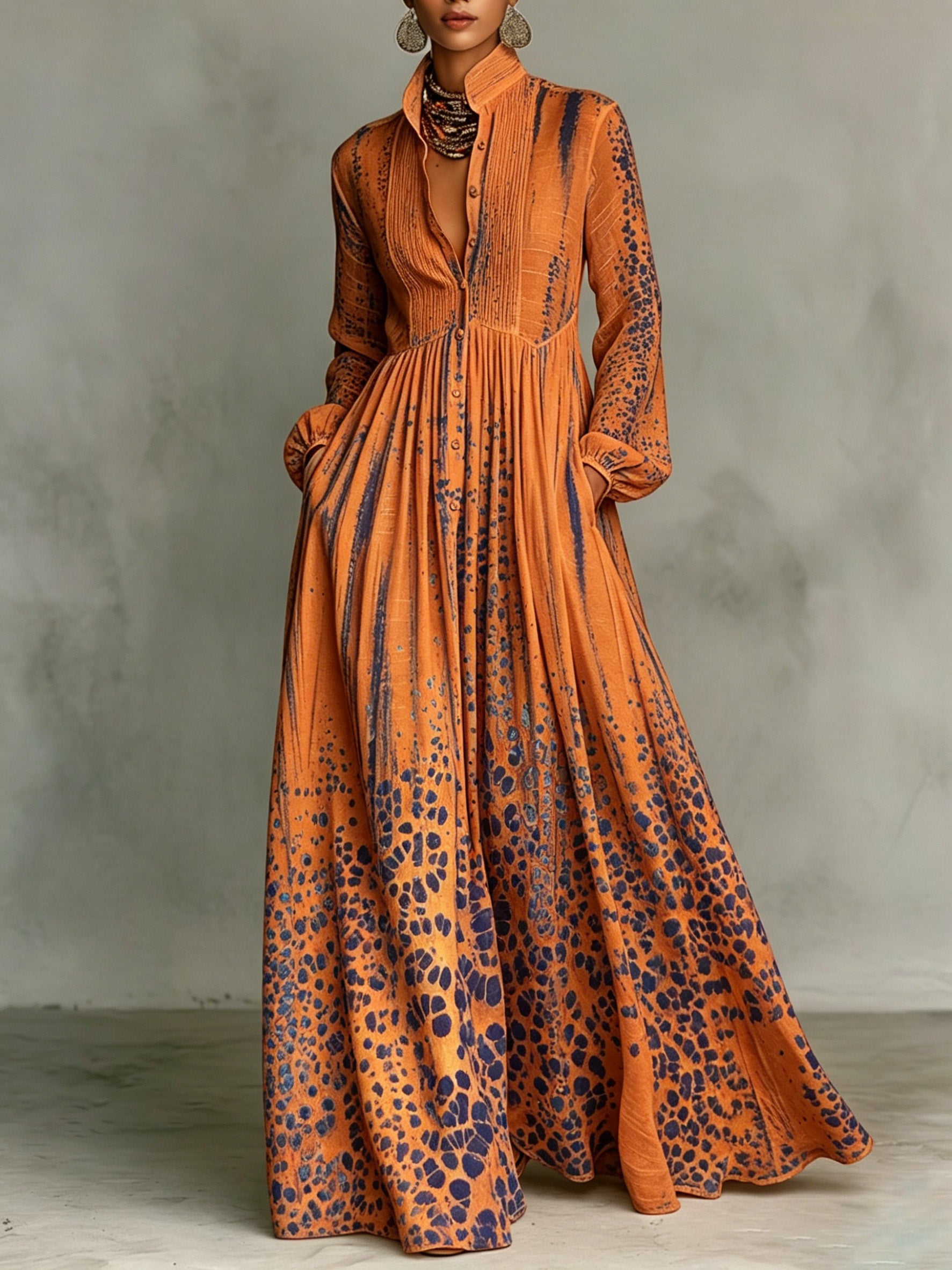 Caramel & Blue Ombré Stand-collar Single-breasted Long Shirt Dress