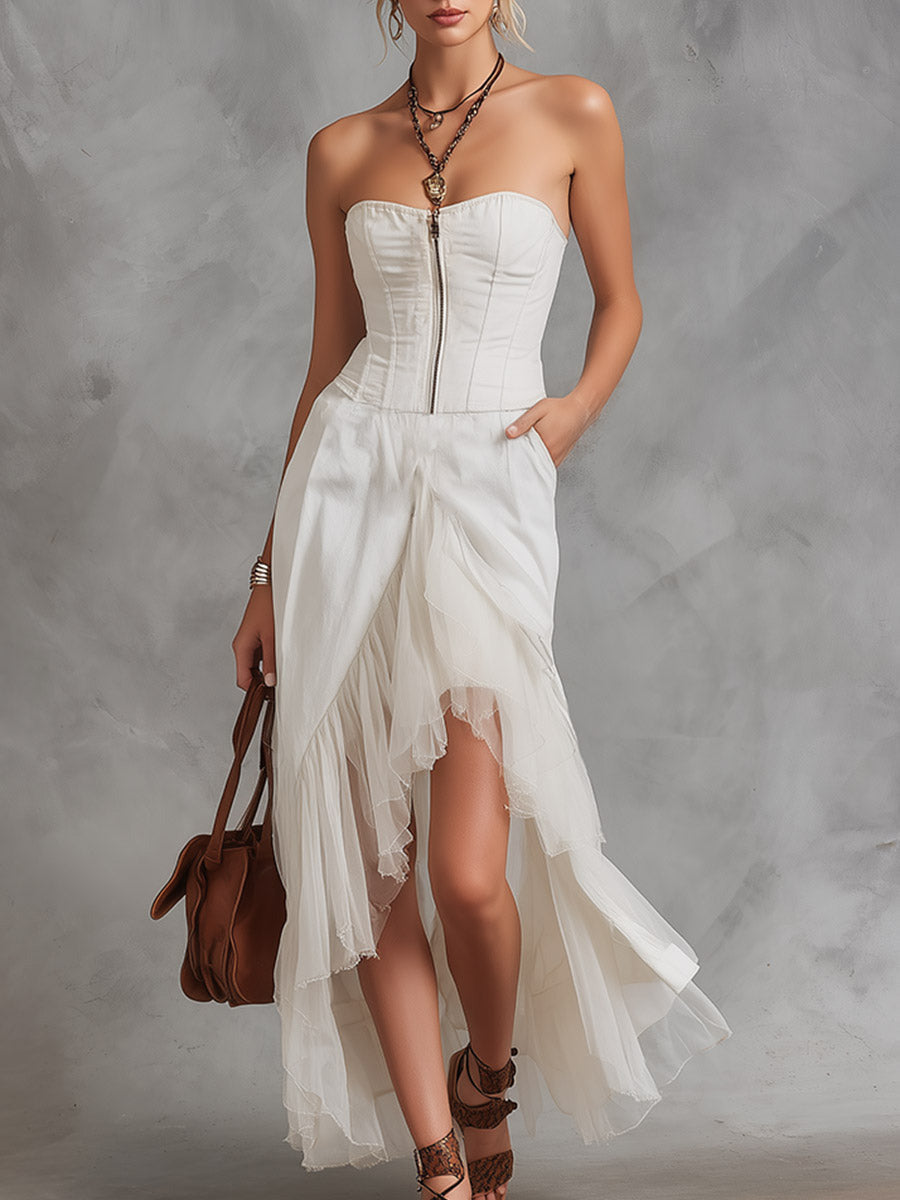 Women's Solid-color Sleeveless Strapless Casual Loose Dress — Cotton-linen Blend With Mesh Paneling And Asymmetrical Hem