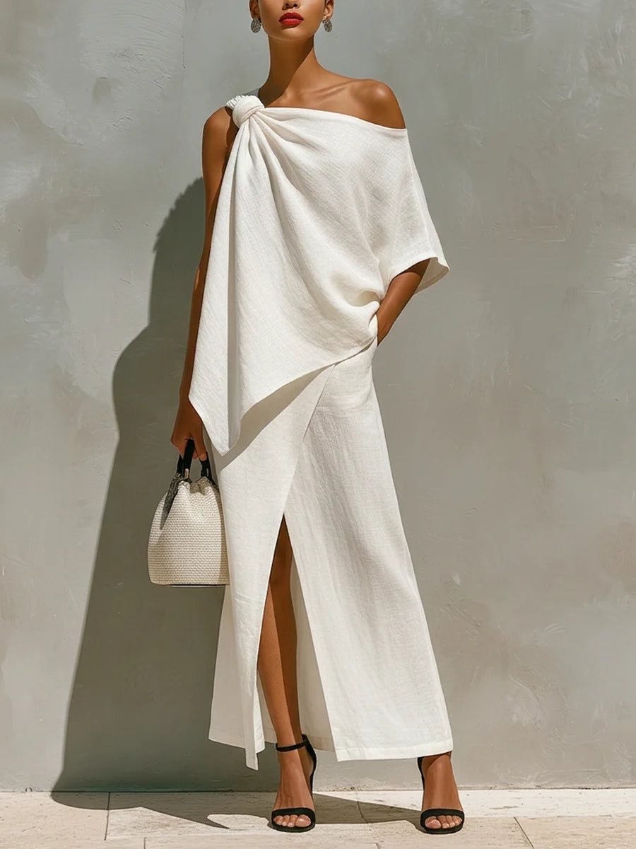 Stylish Off-shoulder Linen & Cotton Top And Skirt Two-piece Set