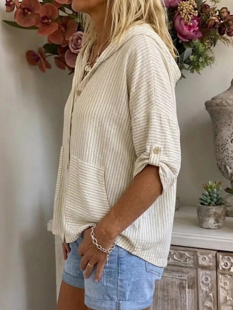 Women's Casual Simple Style Striped Cotton-linen Hoodie
