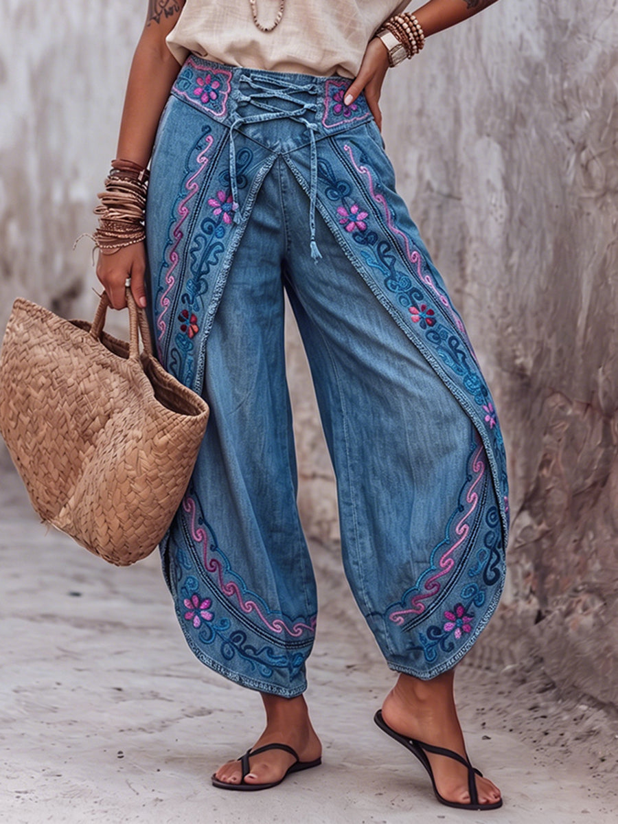 Boho Floral Vine Print Lightweight Denim Slit Harem Pants