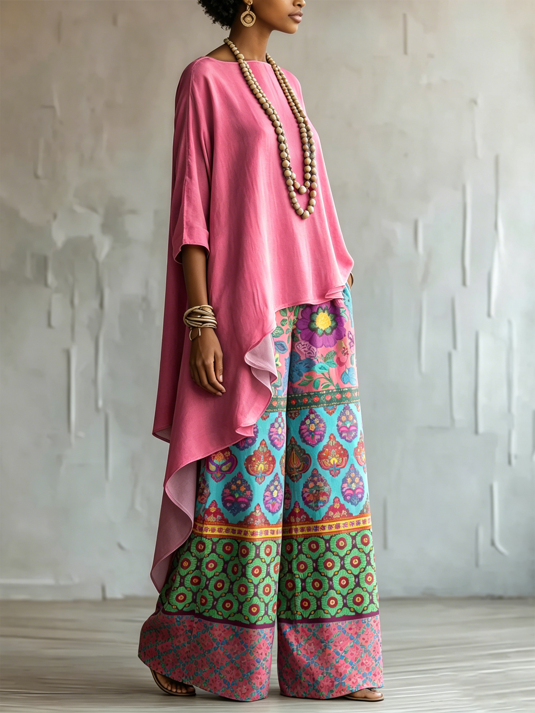 Loose Cotton-linen Top + Ethnic-style Floral Wide-leg Pants Set