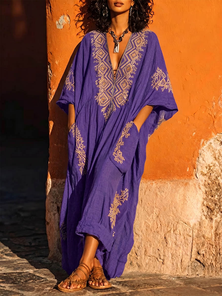 Women's Vintage-print V-neck 3/4-sleeve Casual Loose Cotton-linen Dress