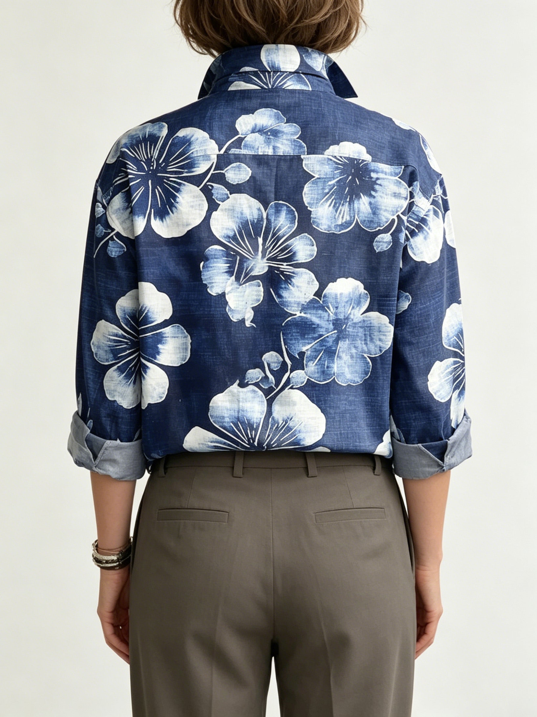 Artistic Watercolor Floral Print Metal-button Shirt