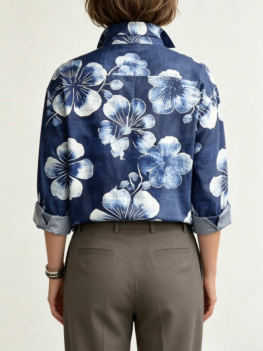 Artistic Watercolor Floral Print Metal-button Shirt
