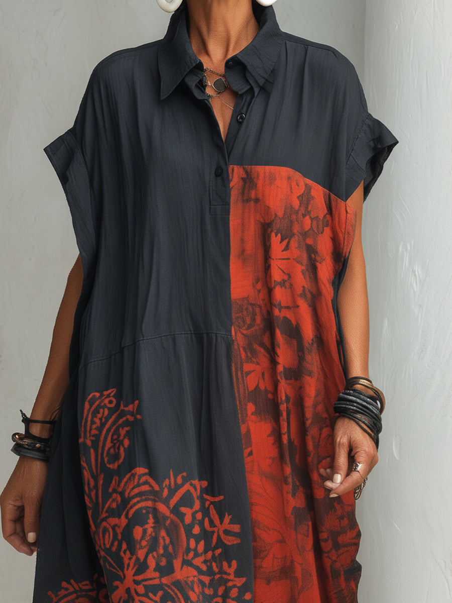 Loose-fit Cotton-linen Shirt Dress With Abstract Print