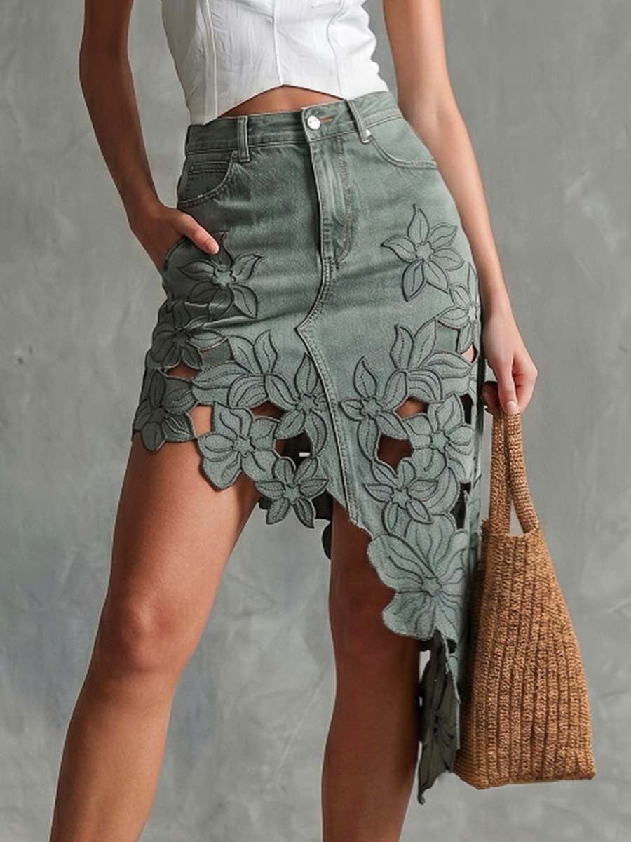 Women's High-waisted Casual Loose-fit Asymmetrical Skirt With Cutout Embroidery