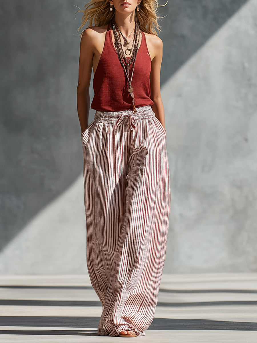 Vest + Striped Cotton-linen Wide-leg Pants Set