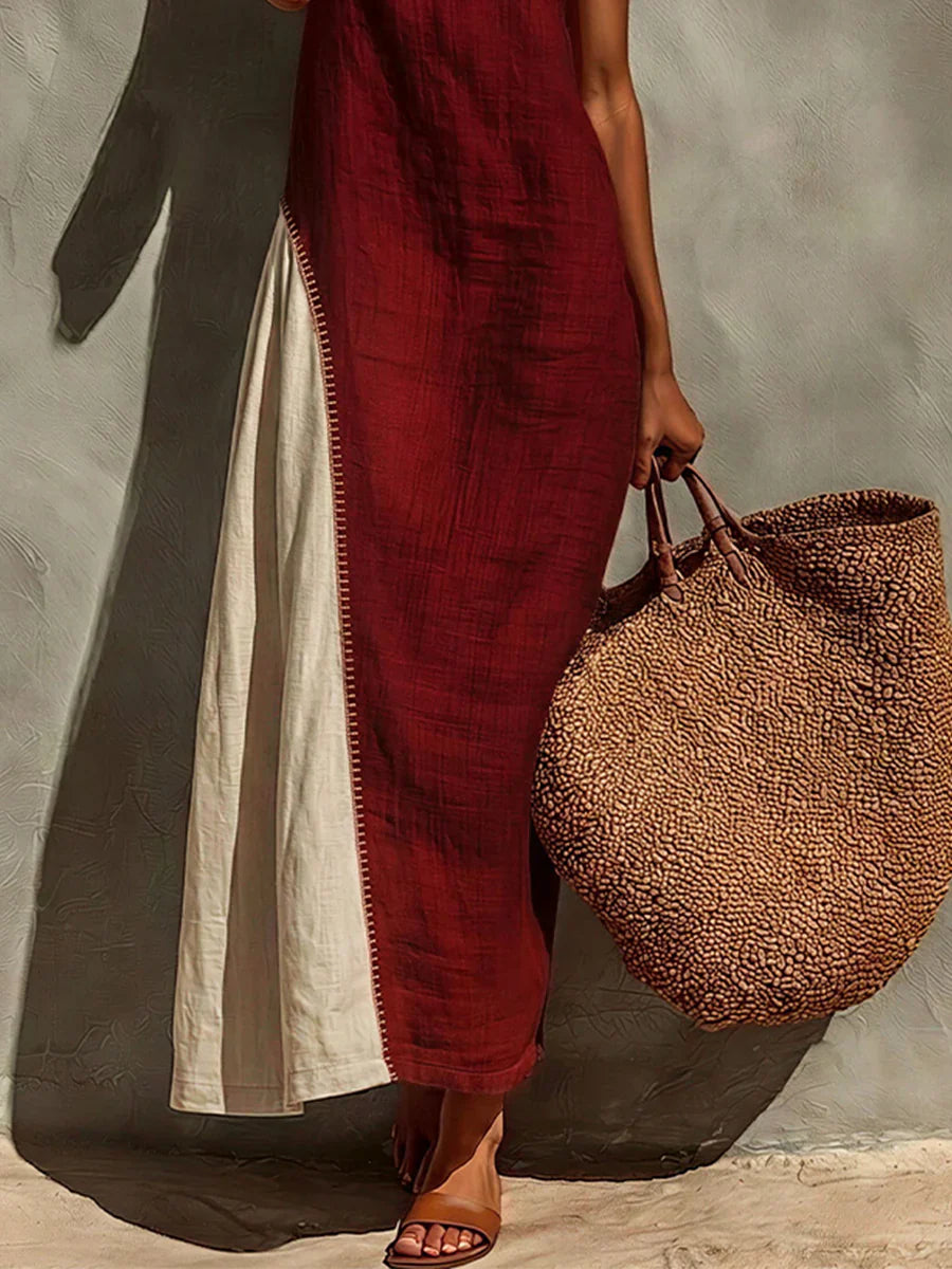 Burgundy & Beige Patchwork Linen-cotton Slip Maxi Dress