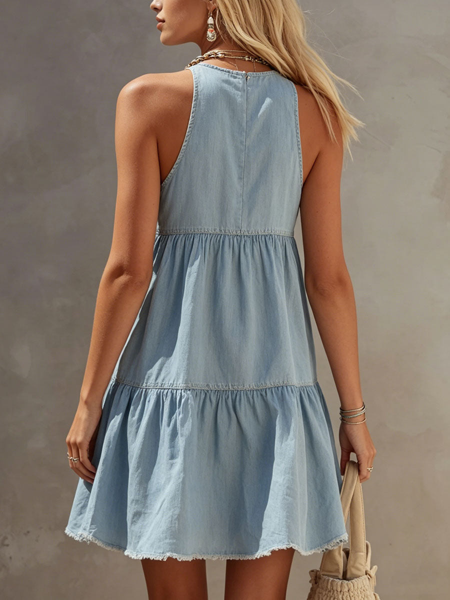 Women's Light Blue Denim Sleeveless Mini Dress