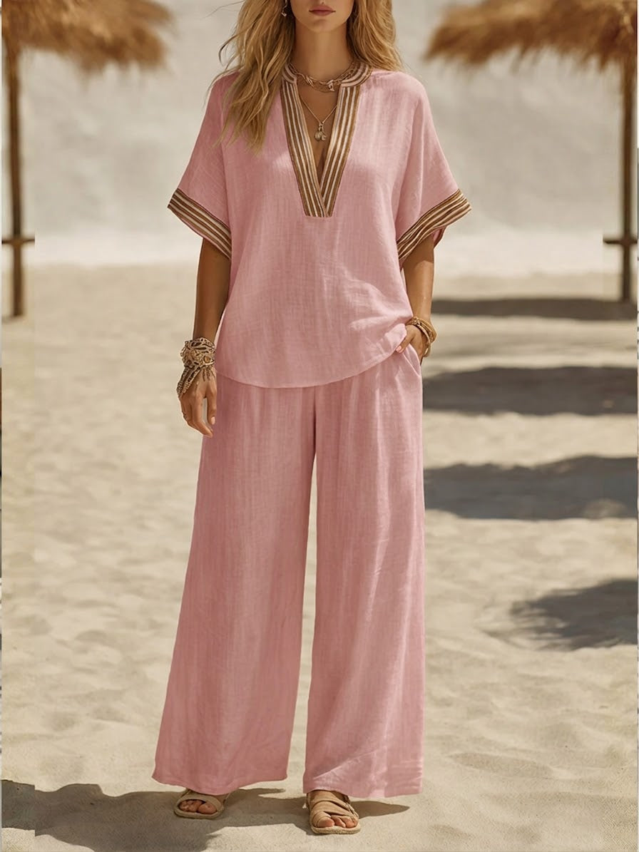 Casual Linen And Cotton Two-piece Set