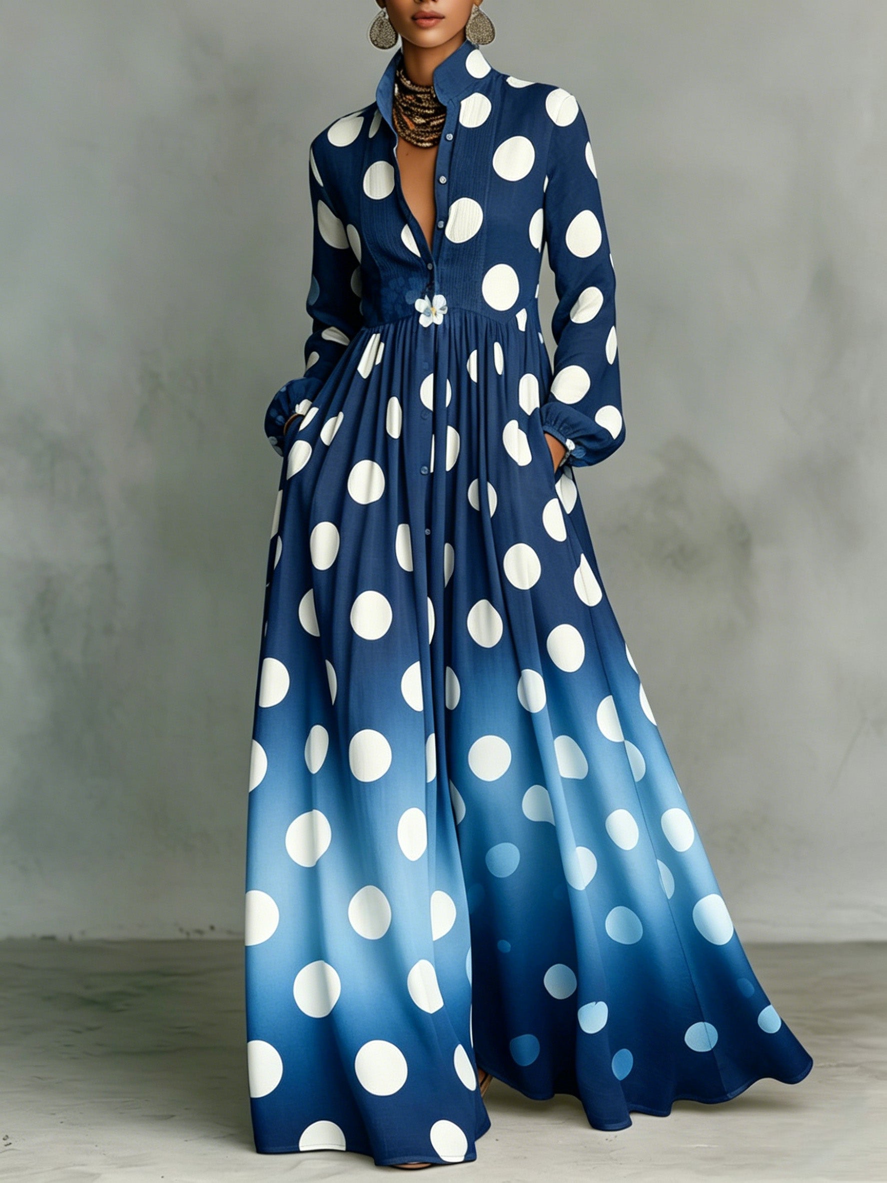 Polka Dot Gradient Stand-collar Single-breasted Long Shirt Dress