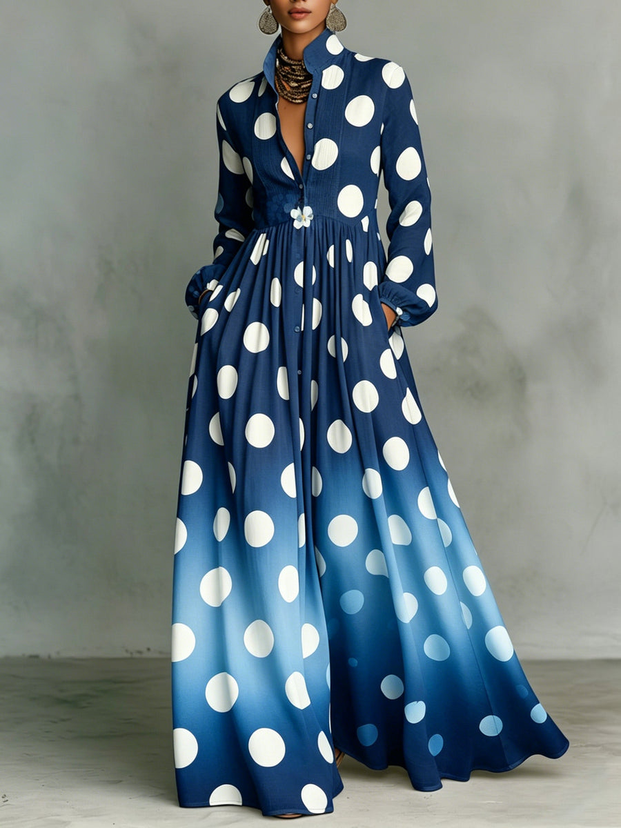 Polka Dot Gradient Stand-collar Single-breasted Long Shirt Dress