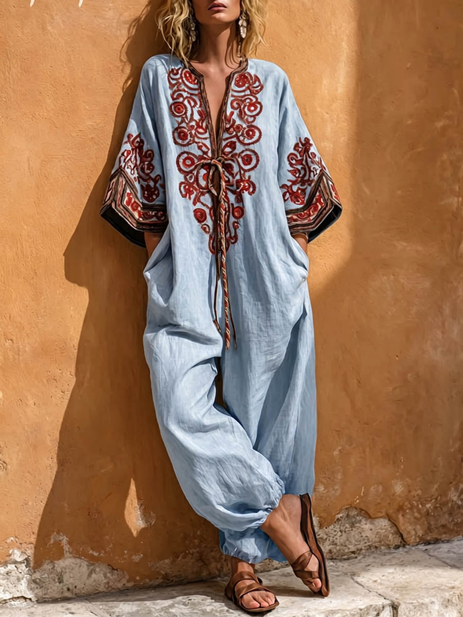 Women's V-neck 3/4-sleeve Casual Loose Cotton-linen Jumpsuit With Placement Print