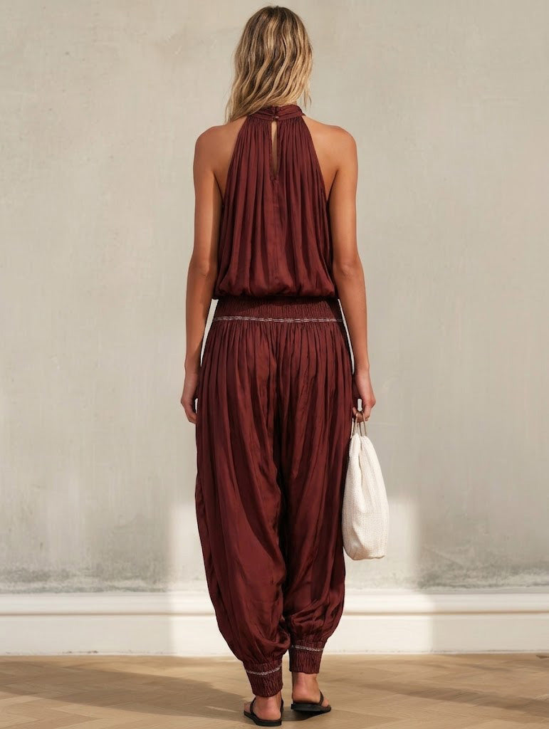 Halter Top + Elastic-waist Harem Pants Set