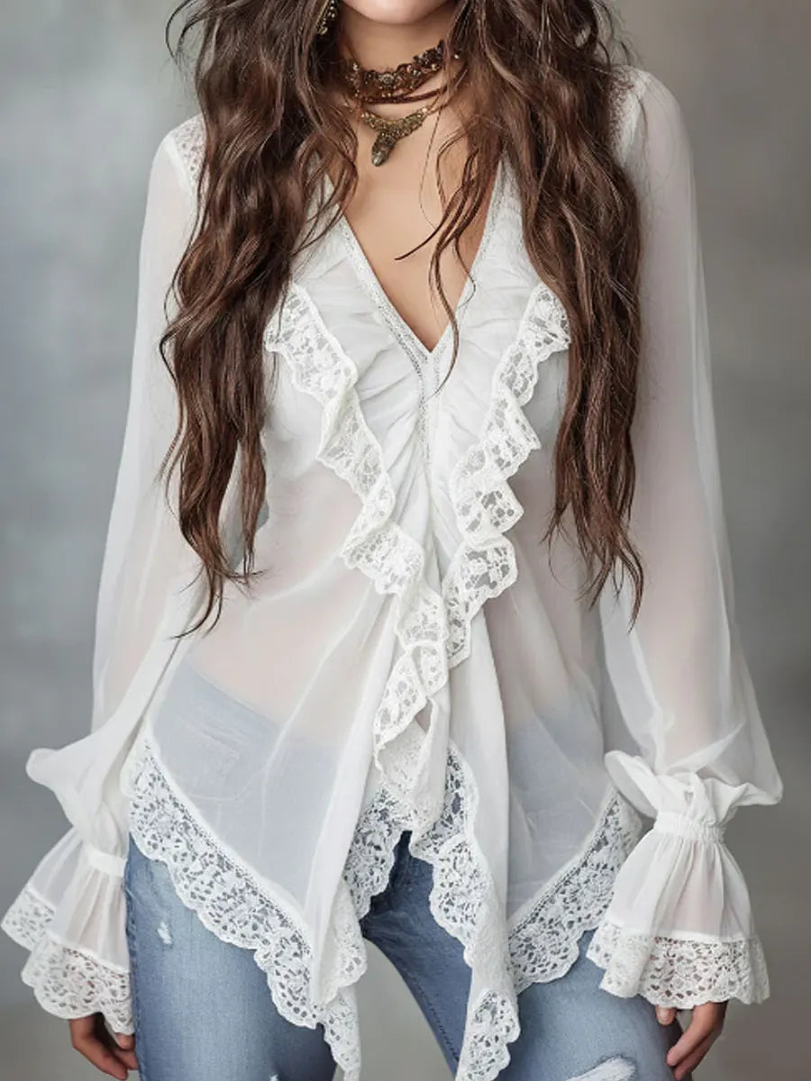 Women's Lace Ruffle Sheer Chiffon Blouse