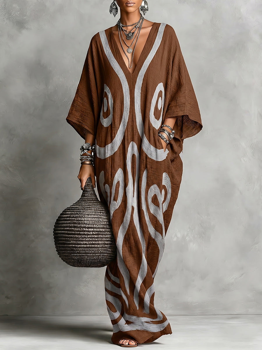 Women's Bohemian-style V-neck Long-sleeve Dress