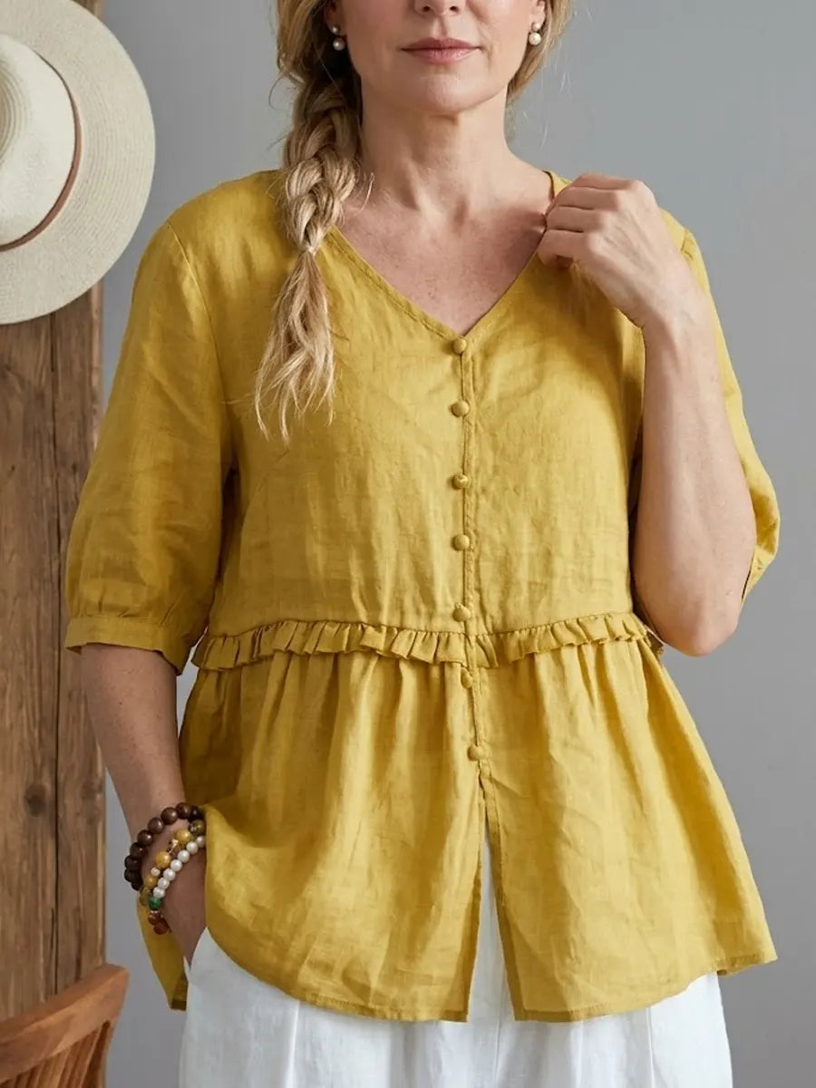 Women's V-neck Cotton And Linen Top